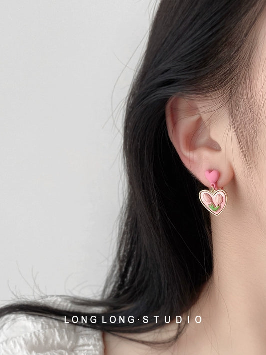 Pink Heart-Shaped Exquisite Tulip Fancy Drop Earrings